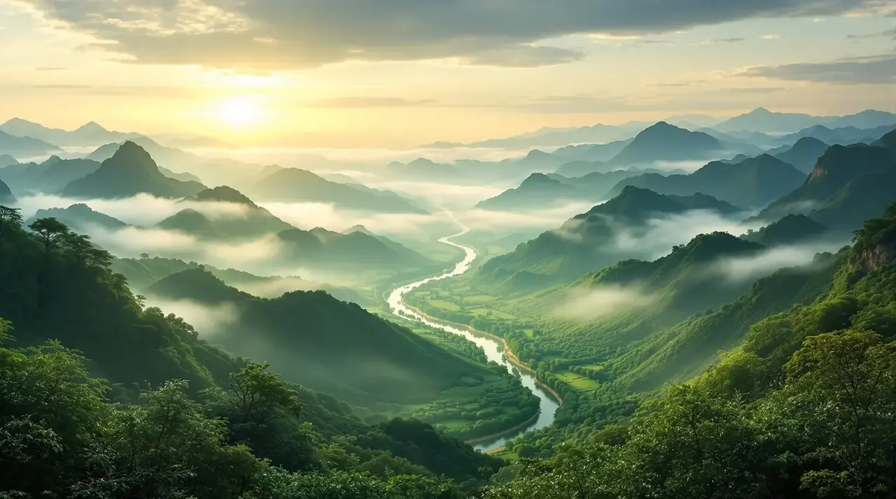山海全景，青山与碧海在云雾间交融的东方壮阔风光